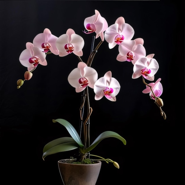 Photo pink white orchid in a pot on a dark background flowering flowers a symbol of spring new life