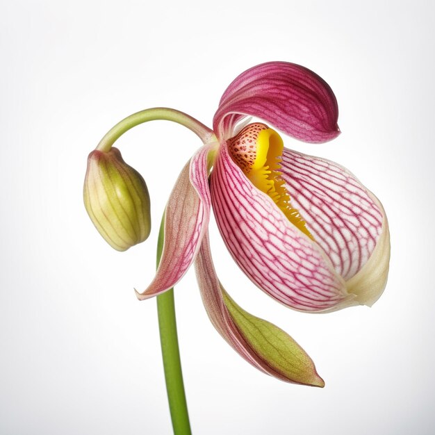 a pink and white orchid with a pink and green flower.