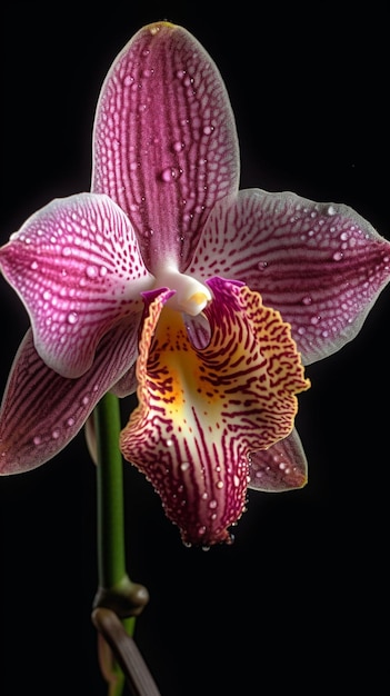A pink and white orchid with a yellow stripe.