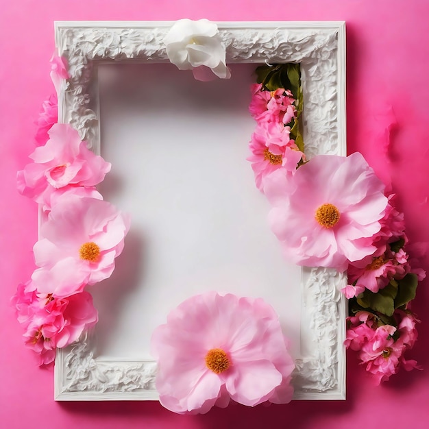 Ai가 만든 꽃이 있는 분홍색과 흰색 종이 사진 프레임