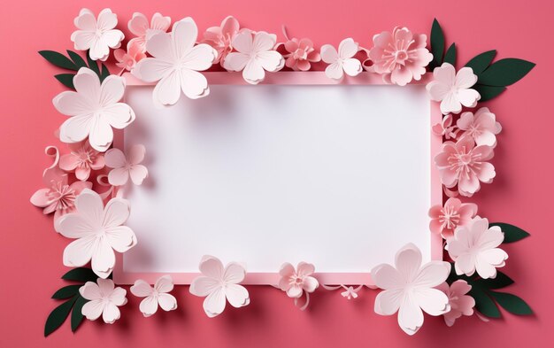 ピンクと白の紙の写真フレームに花が付いている