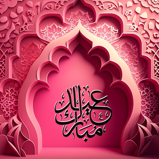 Pink and white paper with arabic calligraphy and the word ramadan