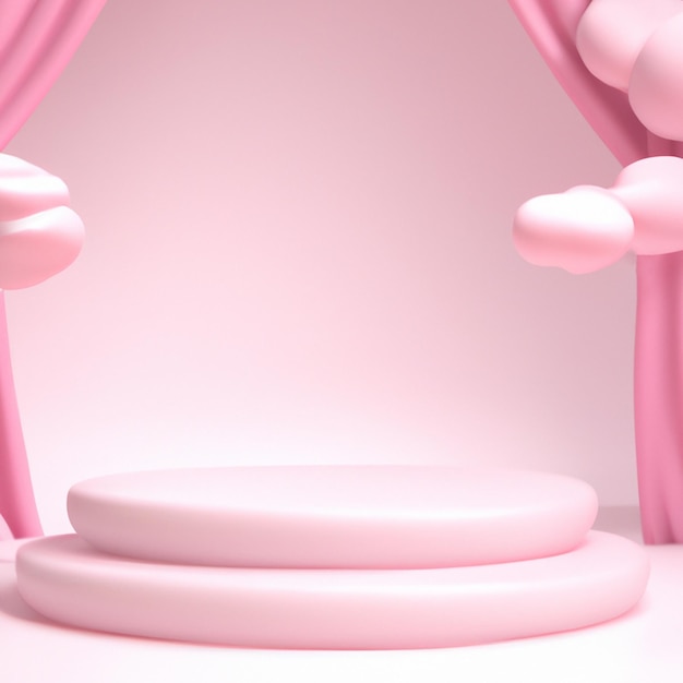 Pink white pastel podium pedestal with 3d cloud and pink satin create with generative ai technology.