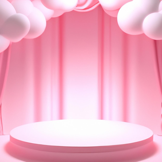 Pink white pastel podium pedestal with 3d cloud and pink satin create with generative ai technology.
