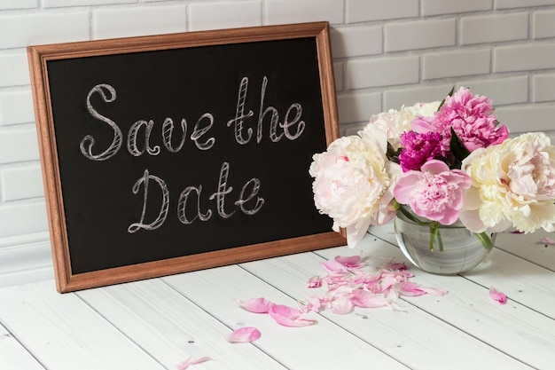 Pink and white peonies in the glass vase with chalkboard and inscription Save the date