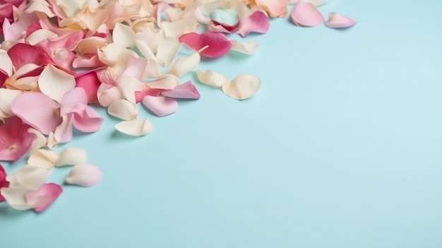 Pink and white petals on a blue background