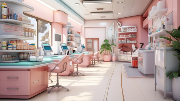 A pink and white pharmacy with a variety of medical supplies