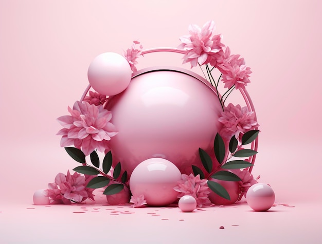 a pink and white picture of a pink easter egg with flowers and a pink background
