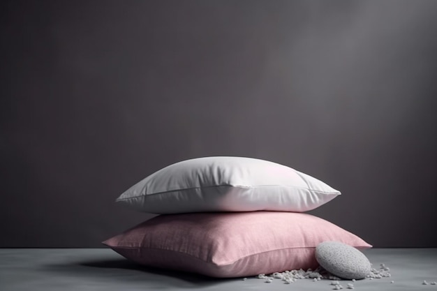 Pink and white pillows on grey background