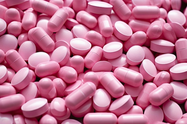 pink and white pills as background top view close up A lot of pink medicine pills AI Generated