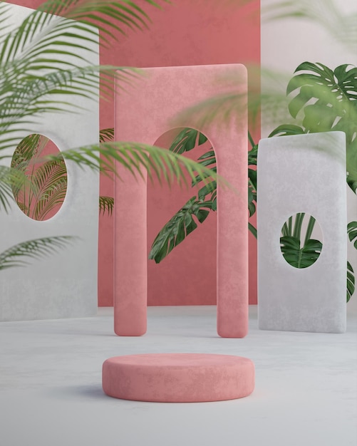 Il palco rosa e bianco del podio sta sullo sfondo degli alberi della foresta tropicale per il rendering 3d del posizionamento del prodotto