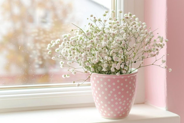 Photo pink and white polka dot flower pot with babys breath flowers