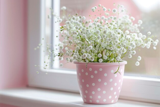 Pink and white polka dot flower pot with babys breath flowers