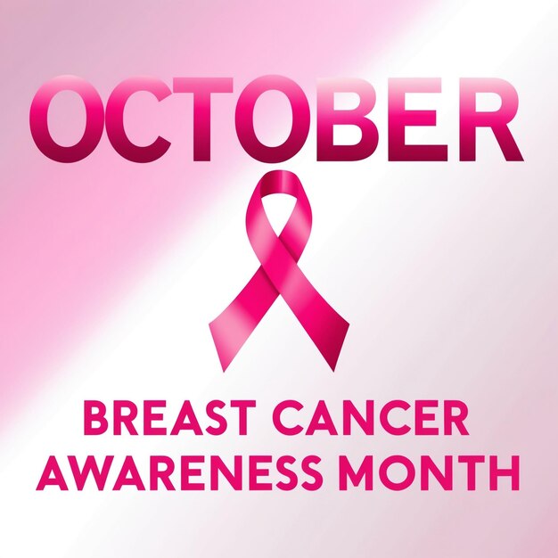pink and white poster with a pink ribbon on it