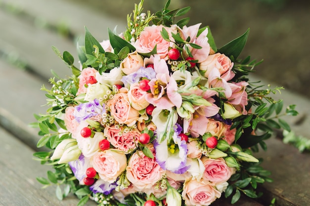 Pink, white and purple roses bride bouquet