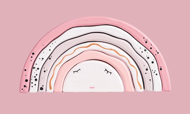 Pink and white rainbow with cute sleepy eyes Baby toddlers sleep concept