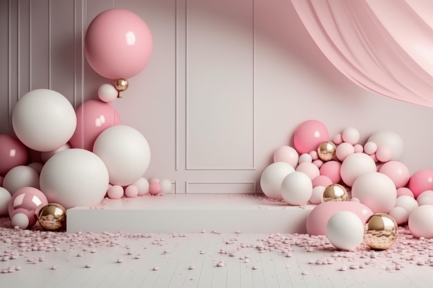 Pink and white room with balloons and confetti Generative AI