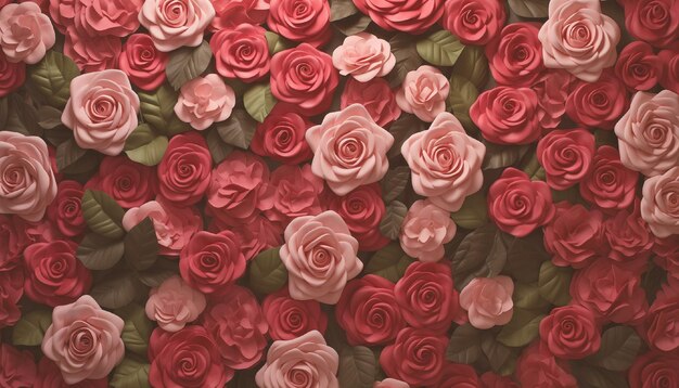 Pink and white rose flowers wall top view flower wall background