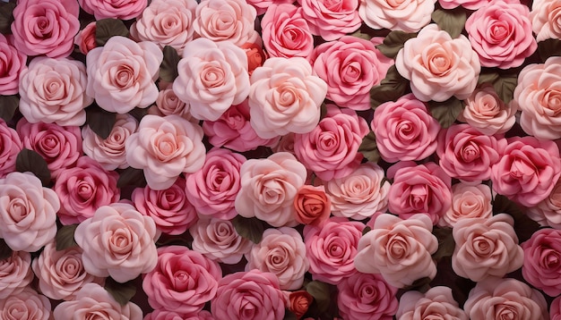 ピンクと白のバラの花 壁のトップビュー 花の壁の背景