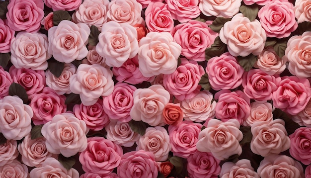 Pink and white rose flowers wall top view flower wall background