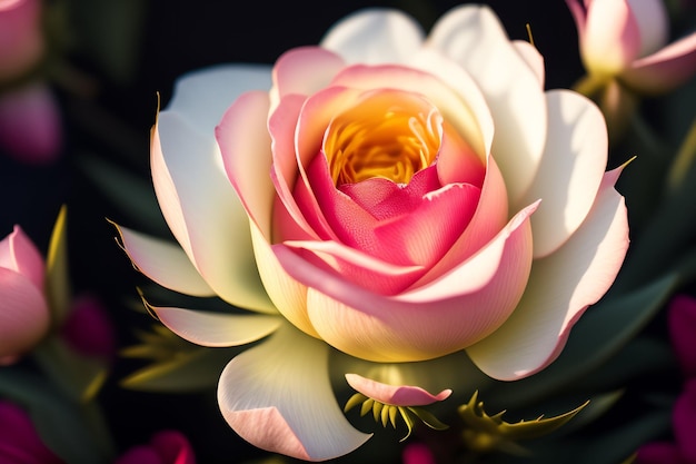 A pink and white rose is shown with the word love on it.