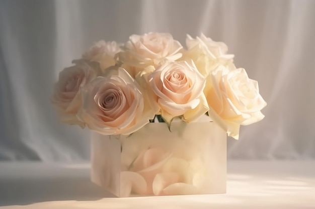 Pink and white roses bouquet in box showcase on pedestal 3d studio white background and shadow