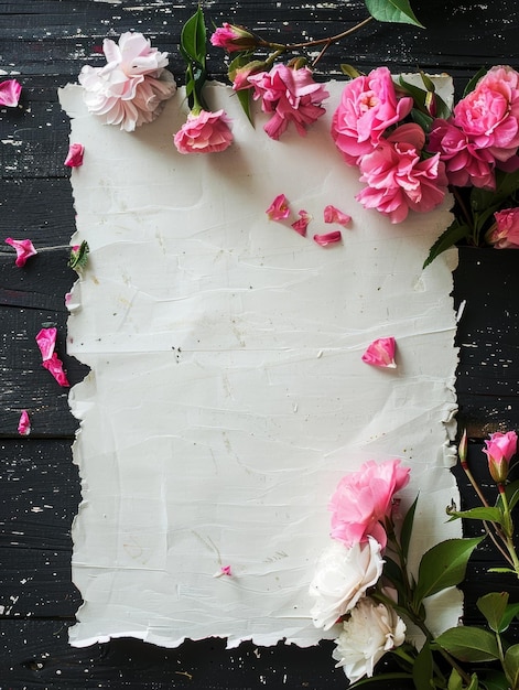 Foto rose rosa e bianche elegantemente disposte su carta bianca strappata con uno sfondo di legno scuro per un effetto drammatico