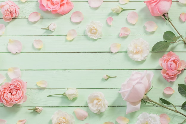 Pink and white roses on green wooden background