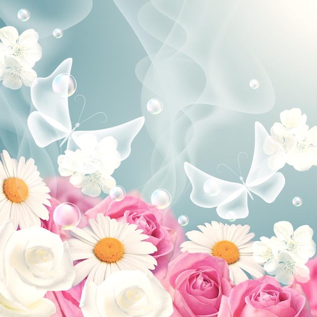 Pink and white roses with daisy and butterflies