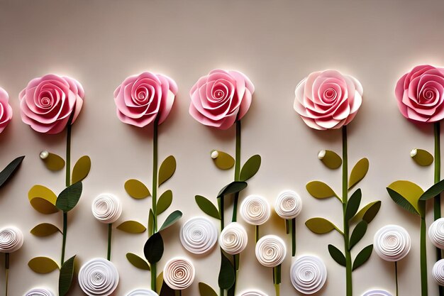 Pink and white roses with green leaves on a white background