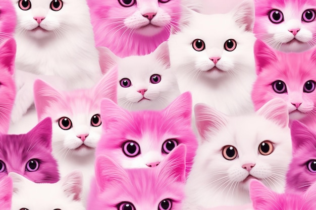 Pink and white seamless pattern with fluffy kitties Applicable for fabric print textile wrapping paper wallpaper Cute background with cats Girls style Repeatable texture Generative AI