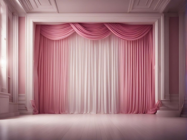 Pink and white stage with a white curtain