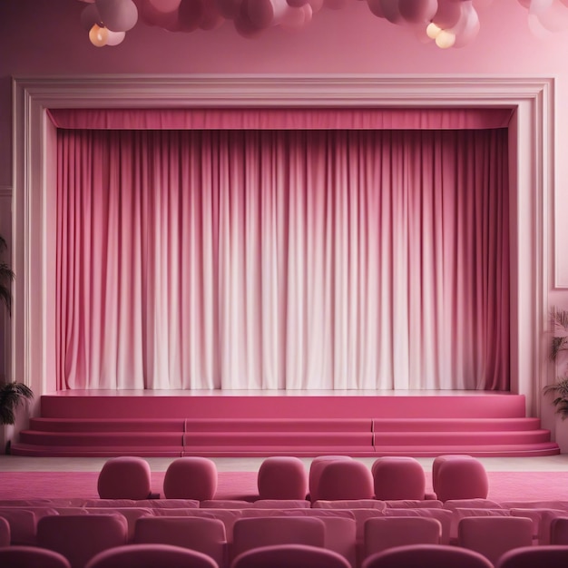 Pink and white stage with a white curtain