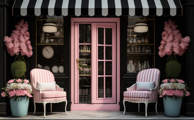 Photo a pink and white striped awning with a black and white striped awning.