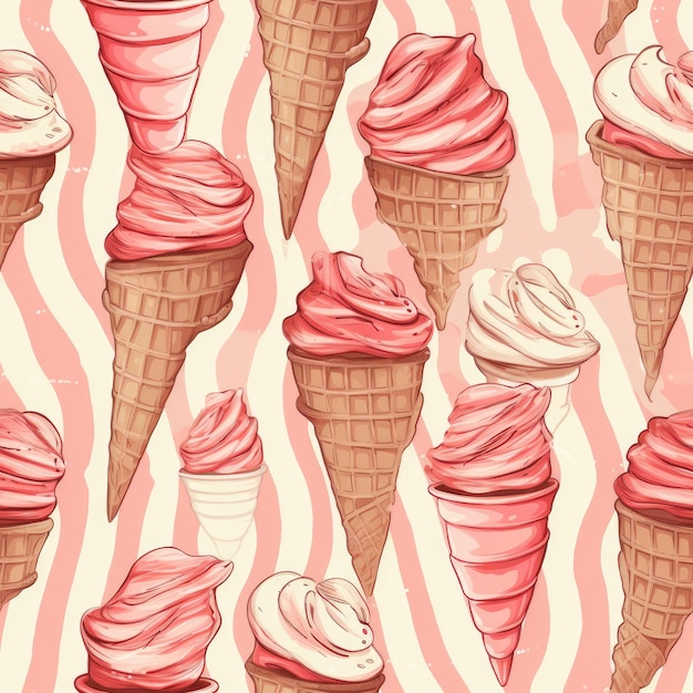 분홍색과 흰색 줄무늬 아이스크림 콘 위에 바닐라 아이스크림 한 스쿱이 있는 무한한 매끄러운 배경 Generative AI