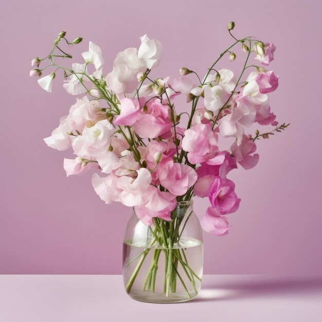 Pink and white sweet peas in an empty vase on a vibrant pink bac