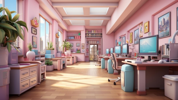 A pink and white themed office space with large windows and a lot of plants