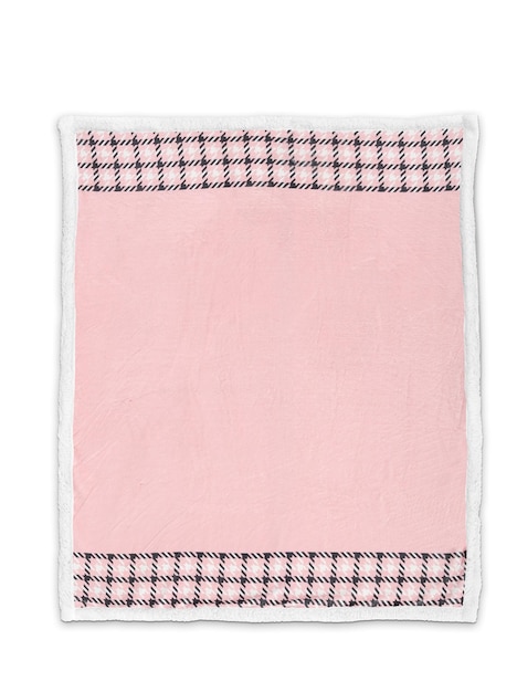 A pink and white towel with black squares and a black border.