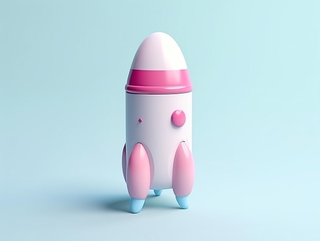 A pink and white toy rocket with a blue background.