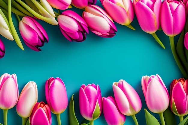 Pink and white tulips on a blue background