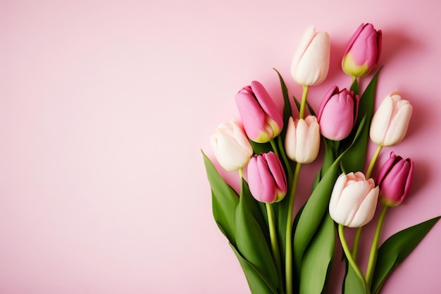 Pink and white tulips on a pink background.