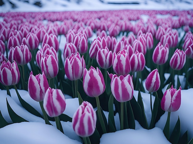 Pink white tulips in the snow bright ai generative