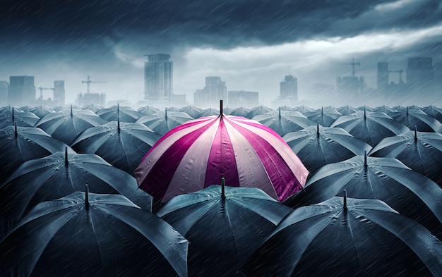 Pink and white umbrella with dark stormy clouds. 