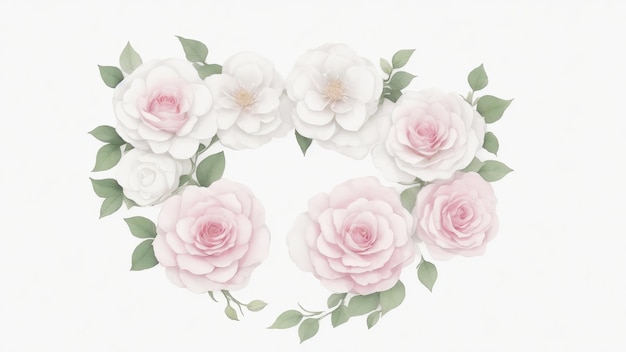 Розовые и белые акварельные цветы в форме сердца на белом фоне