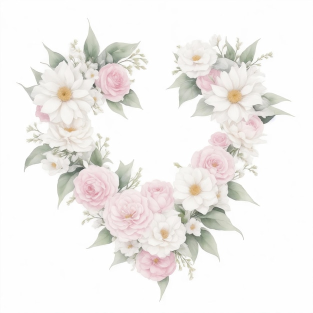 Photo pink and white watercolor flowers in shape of heart on white background