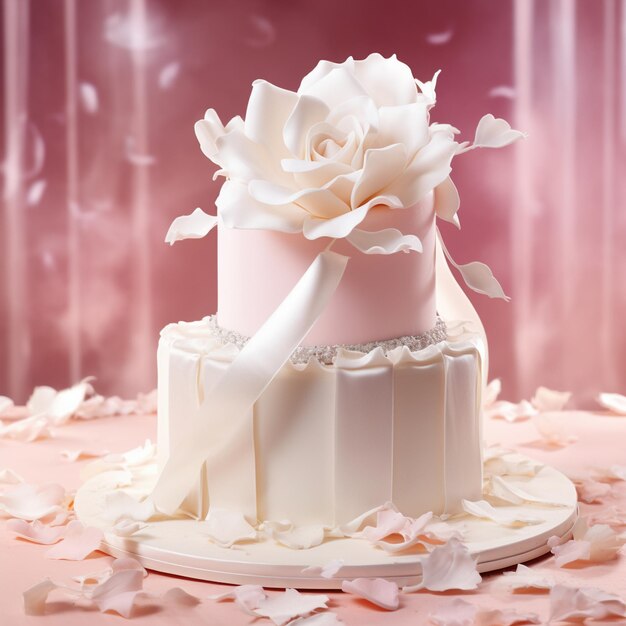 Premium AI Image | a pink and white wedding cake with flowers on a pink