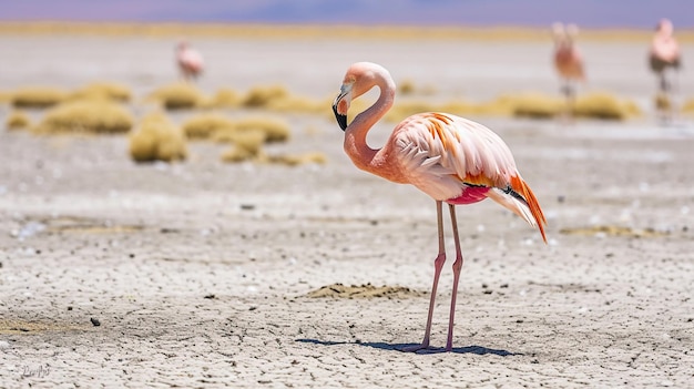 ピンクの野生のフラミンゴは 厳しい干ばつで砂漠に生息する