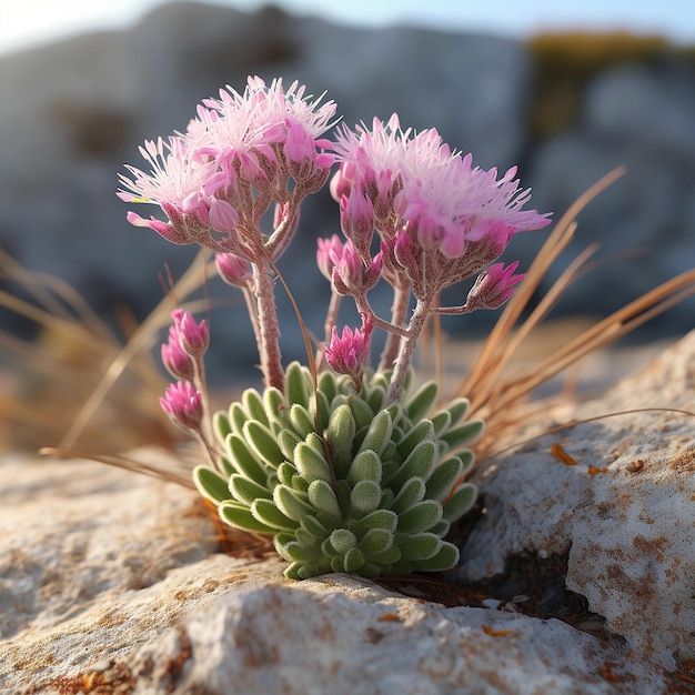 pink wild flower growing on rocks brittany cliffs Generative AI