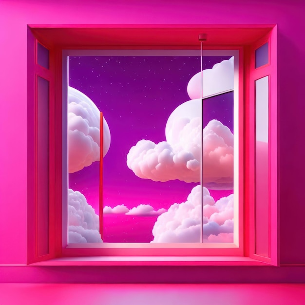 A pink window with a purple background and a purple sky with clouds in it.