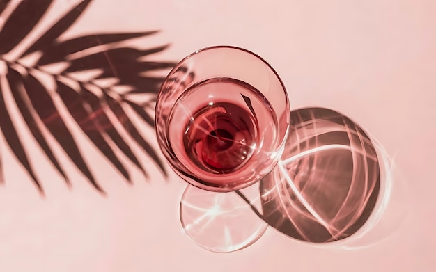 Розовый винный стакан на бежевом фоне с теней пальмовых листьев на солнце летний отдых концепция сухое вино в стеклянных изделиях творческий вид сверху пастельные цвета